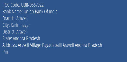 Union Bank Of India Araveli Branch Araveli IFSC Code UBIN0567922