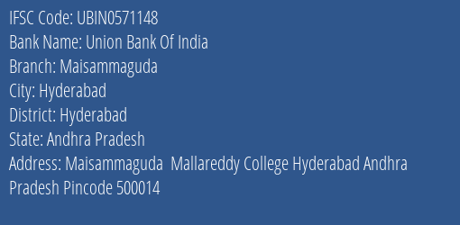 Union Bank Of India Maisammaguda Branch Hyderabad IFSC Code UBIN0571148