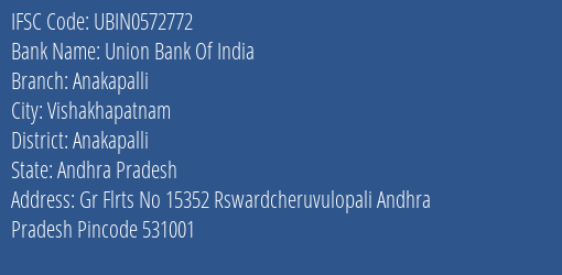 Union Bank Of India Anakapalli Branch, Branch Code 572772 & IFSC Code UBIN0572772