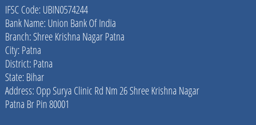 Union Bank Of India Shree Krishna Nagar Patna Branch Patna IFSC Code UBIN0574244
