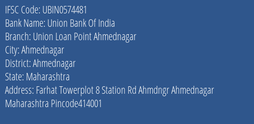 Union Bank Of India Union Loan Point Ahmednagar Branch Ahmednagar IFSC Code UBIN0574481
