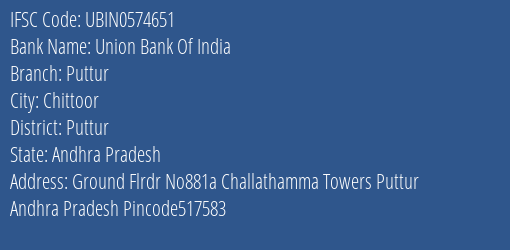 Union Bank Of India Puttur Branch Puttur IFSC Code UBIN0574651