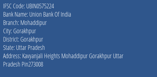 Union Bank Of India Mohaddipur Branch, Branch Code 575224 & IFSC Code UBIN0575224