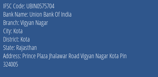 Union Bank Of India Vigyan Nagar Branch, Branch Code 575704 & IFSC Code UBIN0575704
