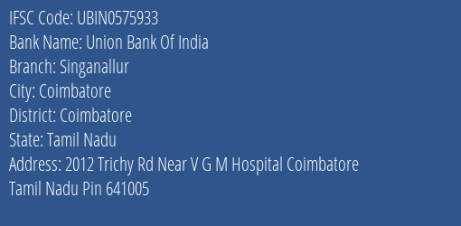 Union Bank Of India Singanallur Branch, Branch Code 575933 & IFSC Code UBIN0575933
