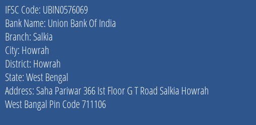 Union Bank Of India Salkia Branch Howrah IFSC Code UBIN0576069