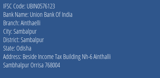 Union Bank Of India Ainthaelli Branch Sambalpur IFSC Code UBIN0576123