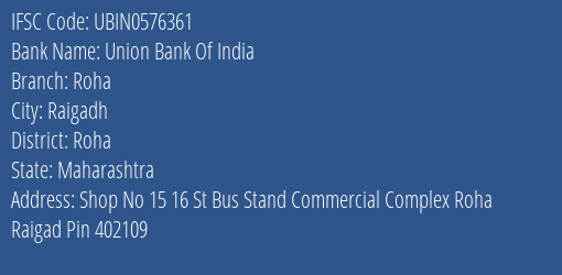 Union Bank Of India Roha Branch Roha IFSC Code UBIN0576361