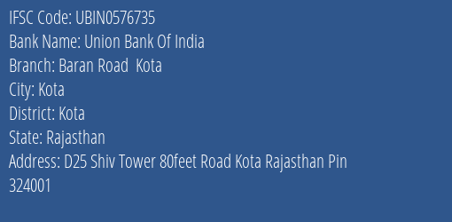 Union Bank Of India Baran Road Kota Branch, Branch Code 576735 & IFSC Code UBIN0576735