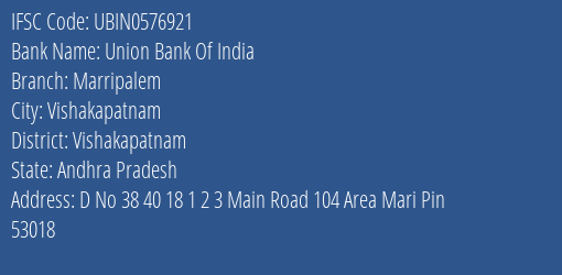 Union Bank Of India Marripalem Branch Vishakapatnam IFSC Code UBIN0576921