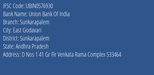 Union Bank Of India Sunkarapalem Branch Sunkarapalem IFSC Code UBIN0576930