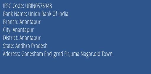 Union Bank Of India Anantapur Branch, Branch Code 576948 & IFSC Code UBIN0576948