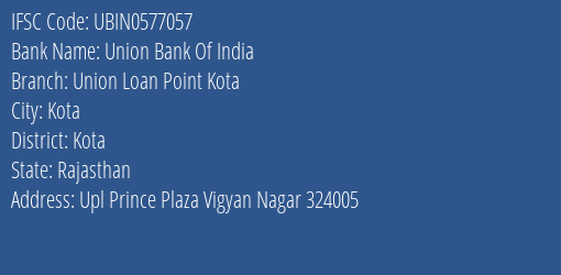 Union Bank Of India Union Loan Point Kota Branch, Branch Code 577057 & IFSC Code UBIN0577057