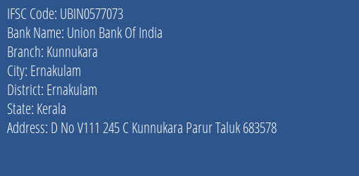 Union Bank Of India Kunnukara Branch, Branch Code 577073 & IFSC Code UBIN0577073