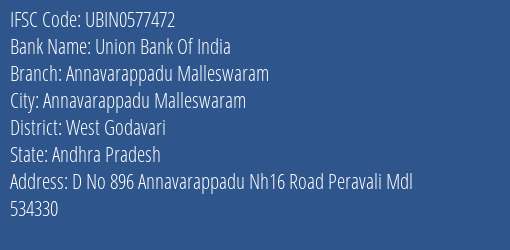 Union Bank Of India Annavarappadu Malleswaram Branch, Branch Code 577472 & IFSC Code UBIN0577472