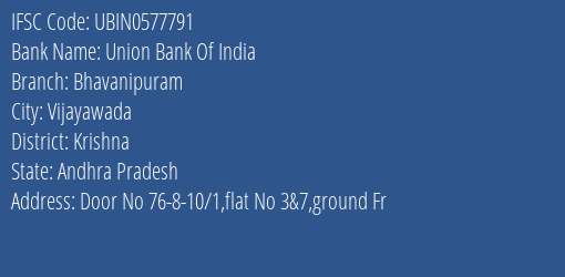 Union Bank Of India Bhavanipuram Branch, Branch Code 577791 & IFSC Code UBIN0577791