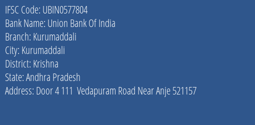 Union Bank Of India Kurumaddali Branch, Branch Code 577804 & IFSC Code UBIN0577804