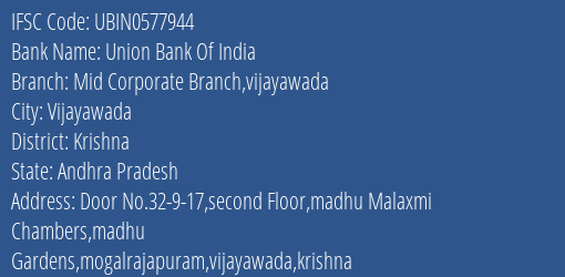 Union Bank Of India Mid Corporate Branch Vijayawada Branch, Branch Code 577944 & IFSC Code UBIN0577944