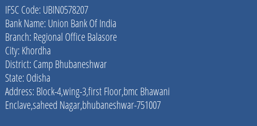 Union Bank Of India Regional Office Balasore Branch Camp Bhubaneshwar IFSC Code UBIN0578207