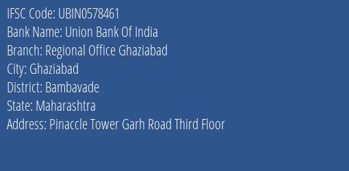 Union Bank Of India Regional Office Ghaziabad Branch, Branch Code 578461 & IFSC Code Ubin0578461