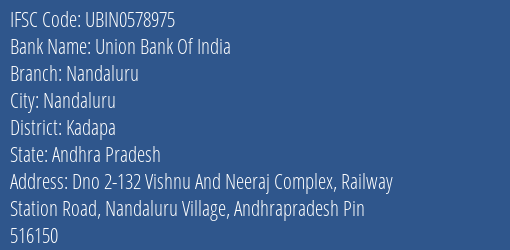 Union Bank Of India Nandaluru Branch Kadapa IFSC Code UBIN0578975