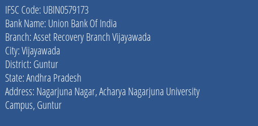 Union Bank Of India Asset Recovery Branch Vijayawada Branch, Branch Code 579173 & IFSC Code UBIN0579173