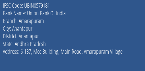 Union Bank Of India Amarapuram Branch Anantapur IFSC Code UBIN0579181