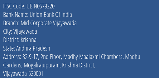 Union Bank Of India Mid Corporate Vijayawada Branch, Branch Code 579220 & IFSC Code UBIN0579220