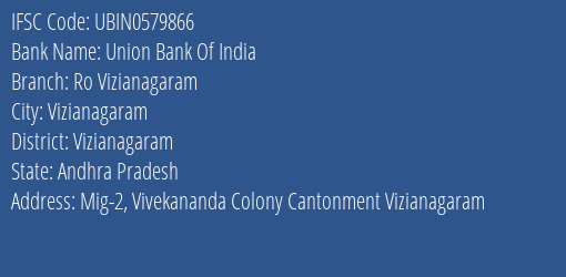 Union Bank Of India Ro Vizianagaram Branch Vizianagaram IFSC Code UBIN0579866