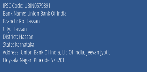 Union Bank Of India Ro Hassan Branch, Branch Code 579891 & IFSC Code UBIN0579891
