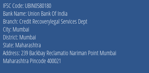 Union Bank Of India Credit Recoverylegal Services Dept Branch, Branch Code 580180 & IFSC Code UBIN0580180