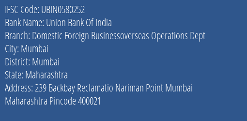 Union Bank Of India Domestic Foreign Businessoverseas Operations Dept Branch, Branch Code 580252 & IFSC Code UBIN0580252