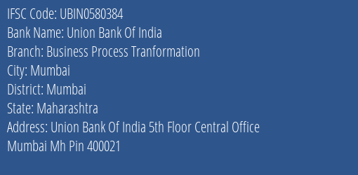 Union Bank Of India Business Process Tranformation Branch, Branch Code 580384 & IFSC Code UBIN0580384