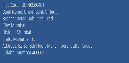 Union Bank Of India Retail Liabilities Crbd Branch, Branch Code 580481 & IFSC Code UBIN0580481