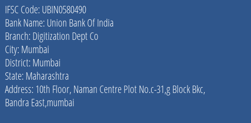 Union Bank Of India Digitization Dept Co Branch IFSC Code