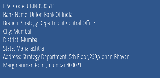 Union Bank Of India Strategy Department Central Office Branch IFSC Code