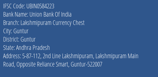 Union Bank Of India Lakshmipuram Currency Chest Branch, Branch Code 584223 & IFSC Code UBIN0584223