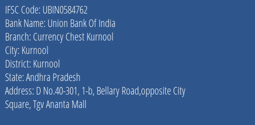 Union Bank Of India Currency Chest Kurnool Branch, Branch Code 584762 & IFSC Code UBIN0584762