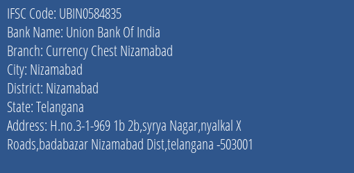 Union Bank Of India Currency Chest Nizamabad Branch, Branch Code 584835 & IFSC Code UBIN0584835