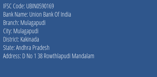 Union Bank Of India Mulagapudi Branch Kakinada IFSC Code UBIN0590169