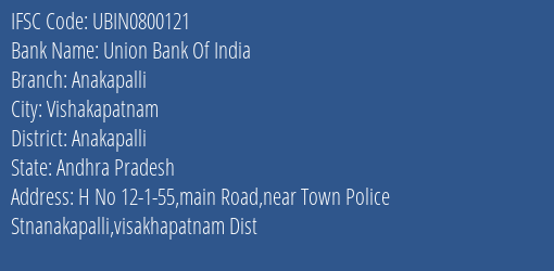 Union Bank Of India Anakapalli Branch, Branch Code 800121 & IFSC Code UBIN0800121