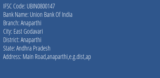 Union Bank Of India Anaparthi Branch, Branch Code 800147 & IFSC Code UBIN0800147
