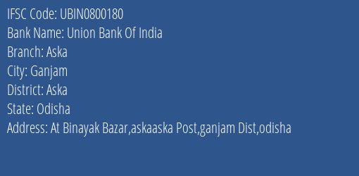 Union Bank Of India Aska Branch, Branch Code 800180 & IFSC Code UBIN0800180