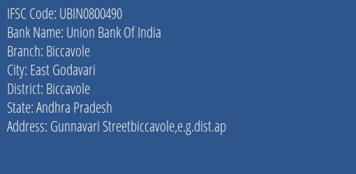 Union Bank Of India Biccavole Branch Biccavole IFSC Code UBIN0800490