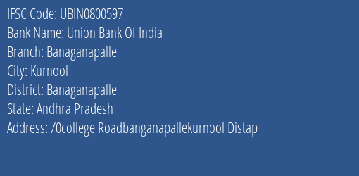 Union Bank Of India Banaganapalle Branch Banaganapalle IFSC Code UBIN0800597