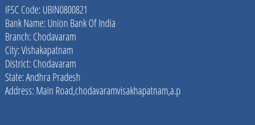 Union Bank Of India Chodavaram Branch Chodavaram IFSC Code UBIN0800821