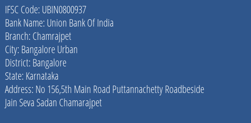 Union Bank Of India Chamrajpet Branch, Branch Code 800937 & IFSC Code UBIN0800937