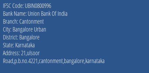 Union Bank Of India Cantonment Branch IFSC Code