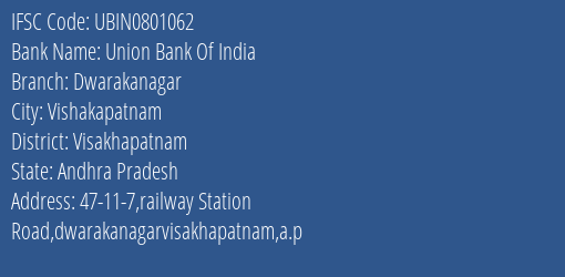 Union Bank Of India Dwarakanagar Branch Visakhapatnam IFSC Code UBIN0801062