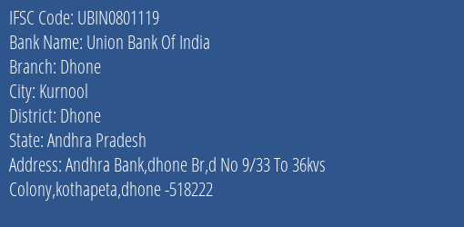 Union Bank Of India Dhone Branch Dhone IFSC Code UBIN0801119